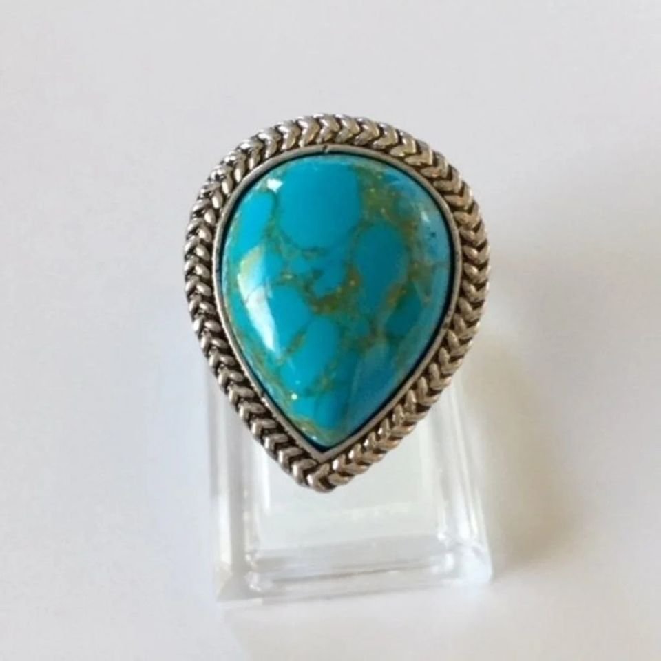 Big Tibetan Blue Turquoise Carved Flower Antique Silver Ring