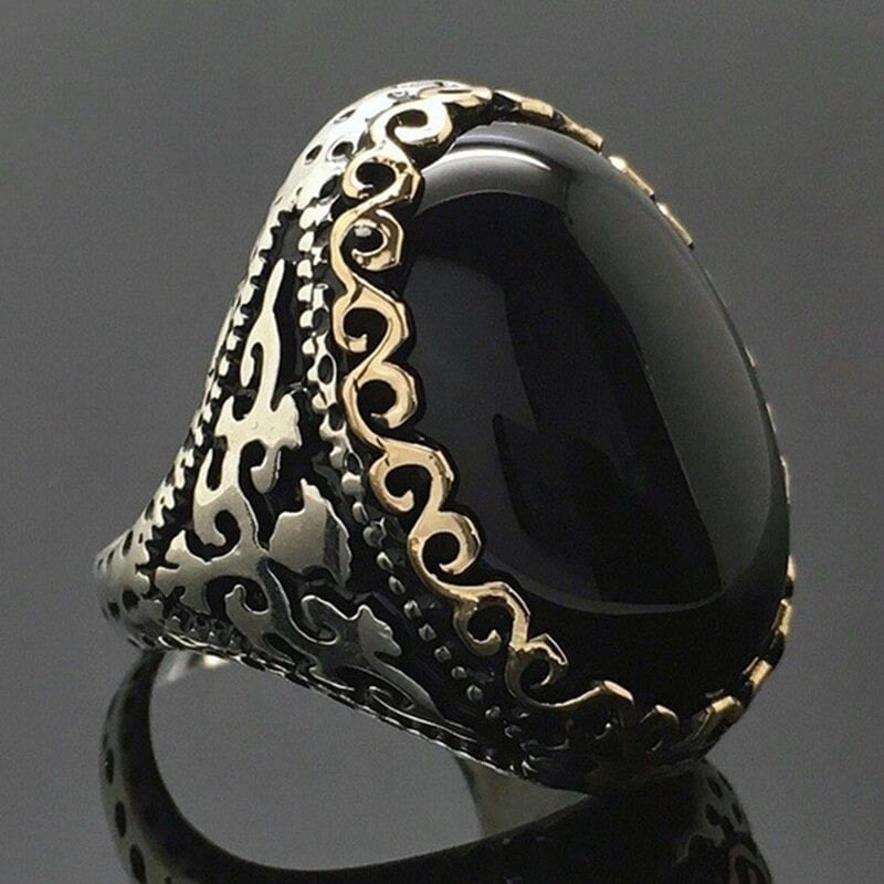 Men's Black Oval Gemstone Two Tone Ethnic Ring