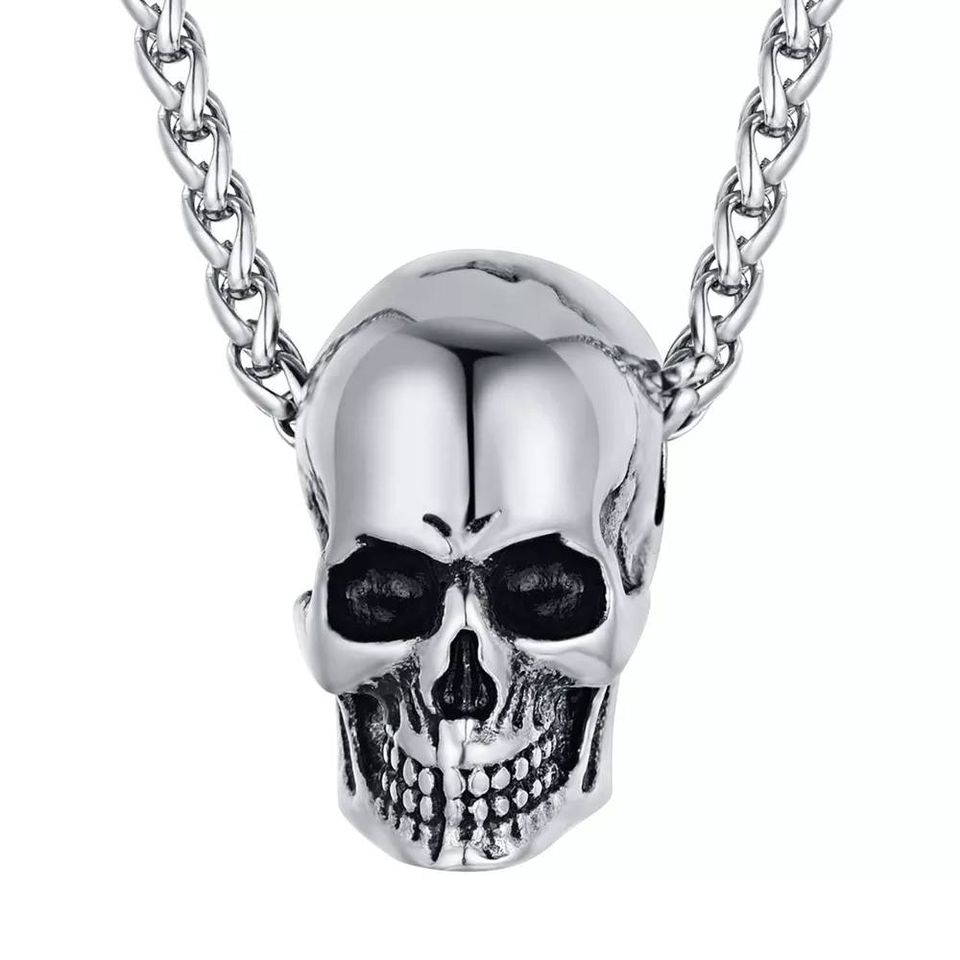 Men's Gothic Skull Pendant Silver Necklace & 24" Chain