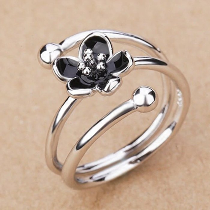 Black Mystic Flower Open Silver Ring