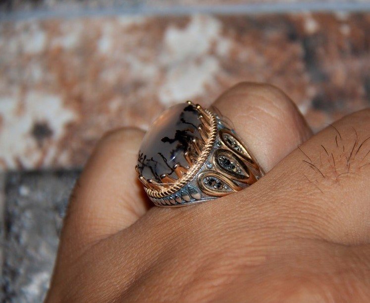 Men's Handmade Retro Ink Moonstone Two Tone Turkish Ring