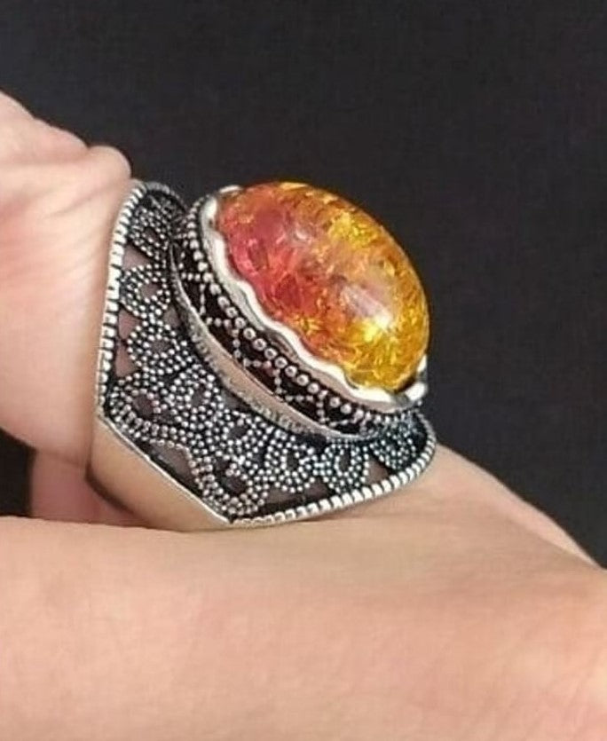 Big Oval Orange Amber Vintage Antique Silver Ring