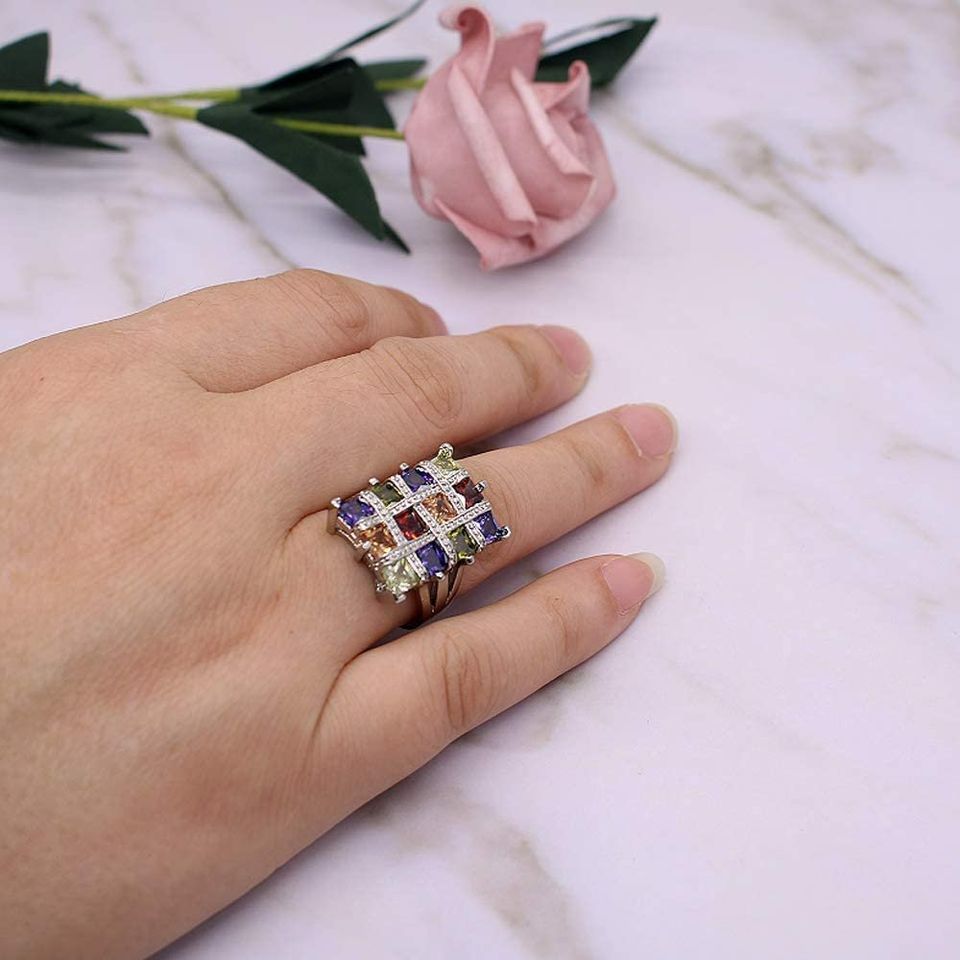 Colorful Multicolor Garnet Topaz Silver Geometric Ring