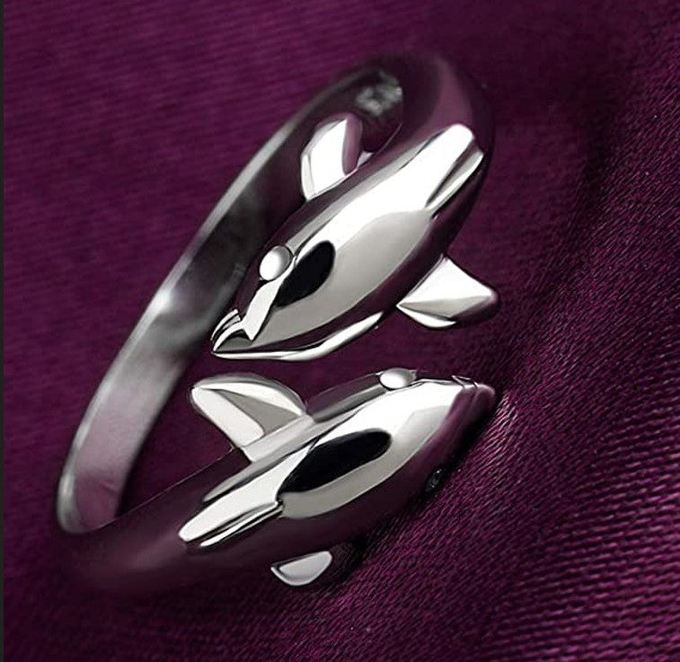 Swimming Dolphins Love Open Silver Ring