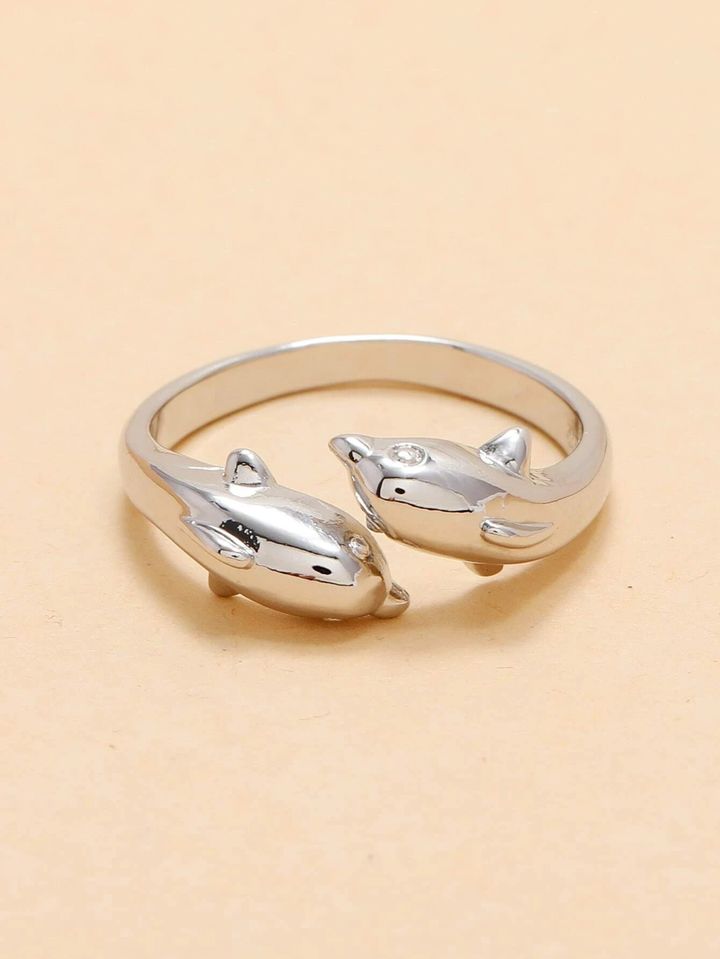 Swimming Dolphins Love Open Silver Ring