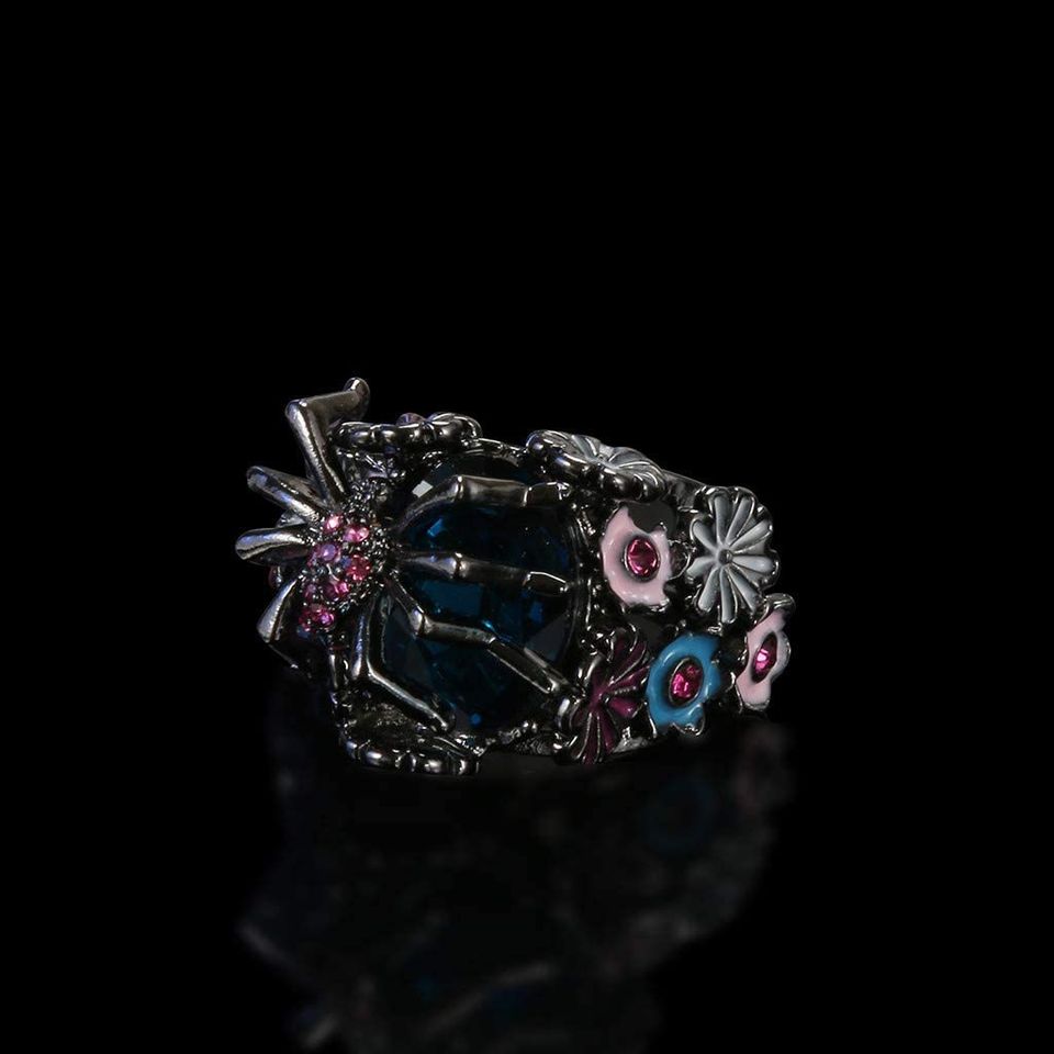 Handmade Wicked Spider Blue Crystal Flower Ring