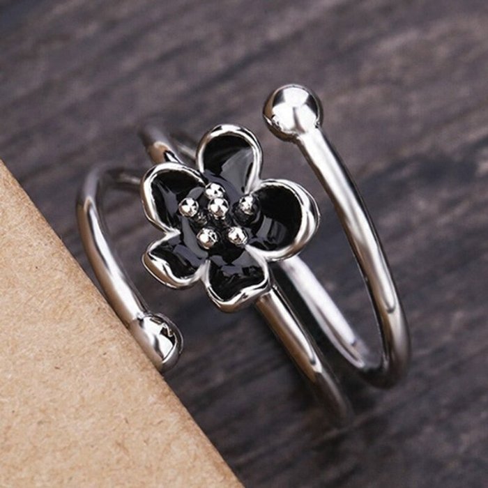 Black Mystic Flower Open Silver Ring