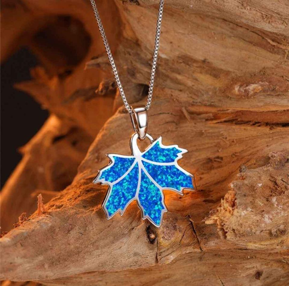 Blue Opal Maple Leaf Pendant Silver Nature Necklace