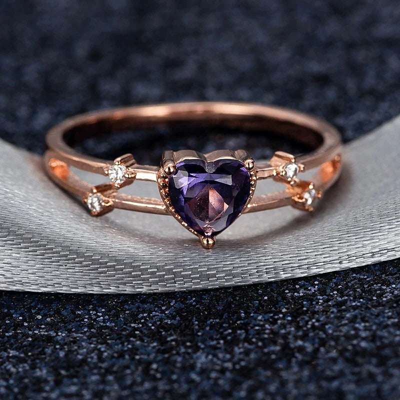 Sterling Silver Rose Gold Inlaid Purple Heart-Shape Ring