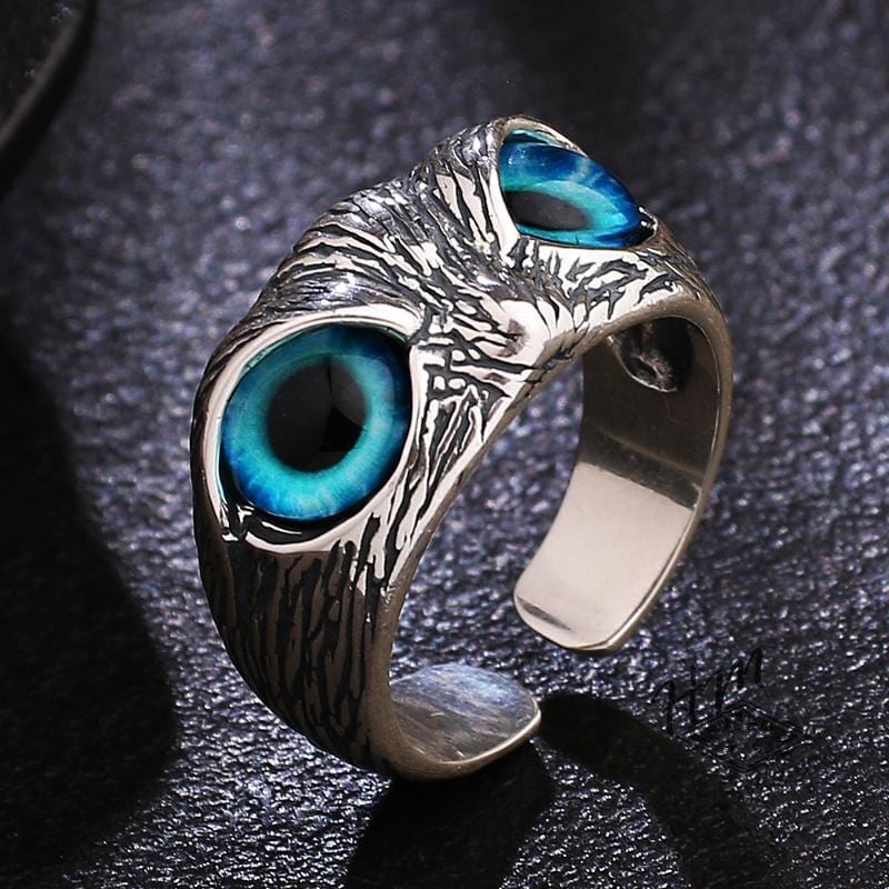 Glaring Nighthawk Eye Carved Silver Open Ring