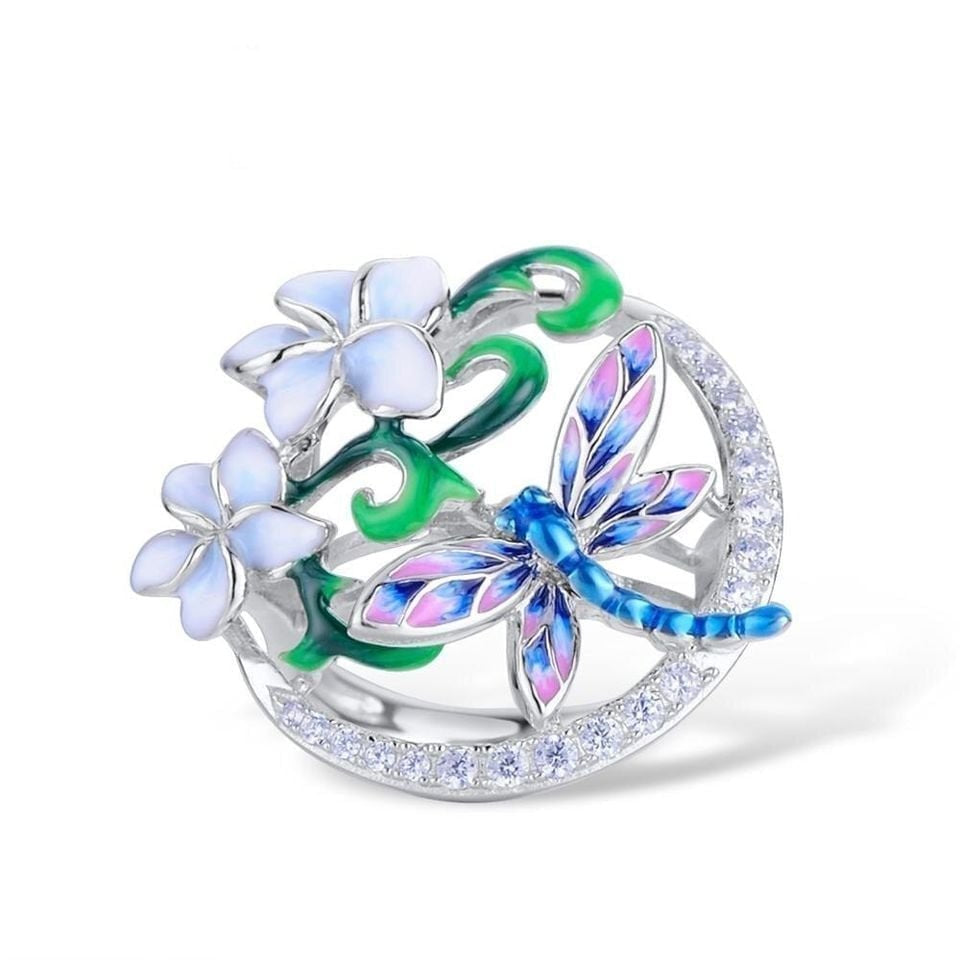 Sterling Silver Handmade Enamel Dragonfly Flower Ring