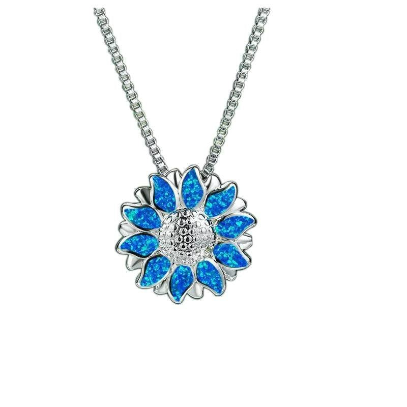 Blue Opal Sun Flower Silver Boho Necklace