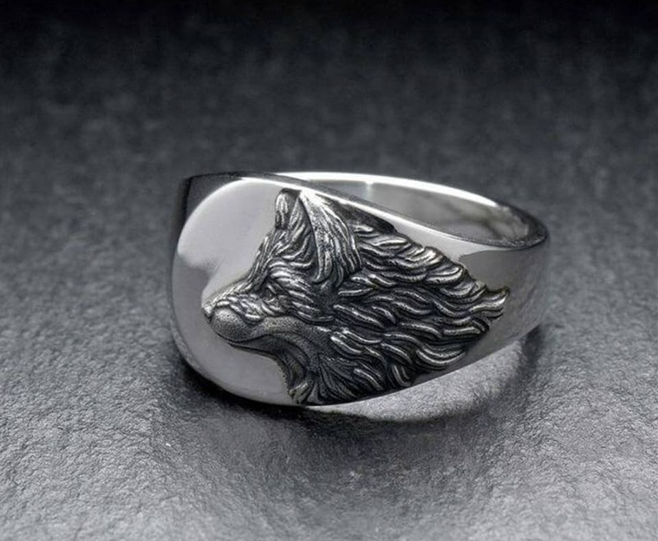 925 Sterling Silver Vintage Carved Wolf Head Retro Ring