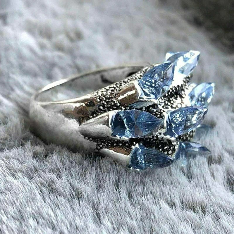 Vintage Blue Crystals Column Unique Retro Antique Silver Ring