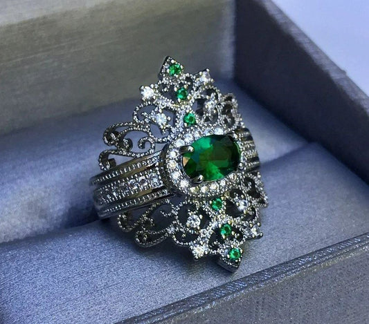 Vintage Oval Emerald Green Art Deco Eternity Sterling Silver Ring