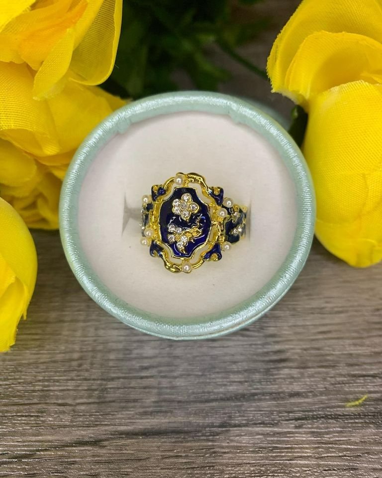 Handmade Vintage Blue Enamel Flower Gold Art Deco Ring