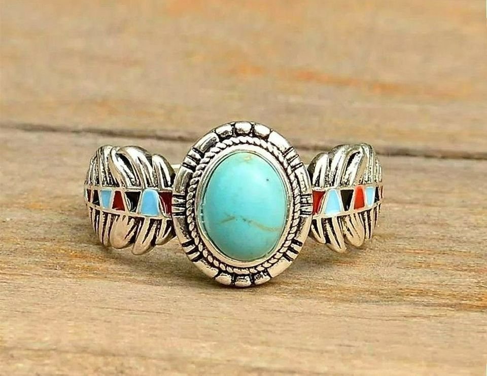 Vintage Natural Turquoise Antique Silver Feather Ring