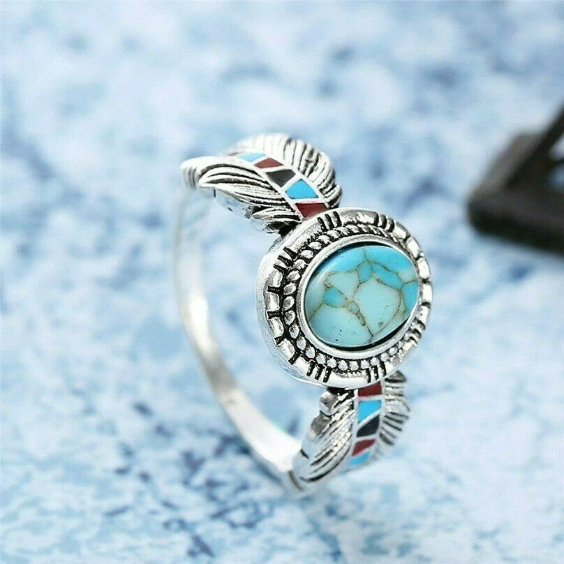 Vintage Natural Turquoise Antique Silver Feather Ring
