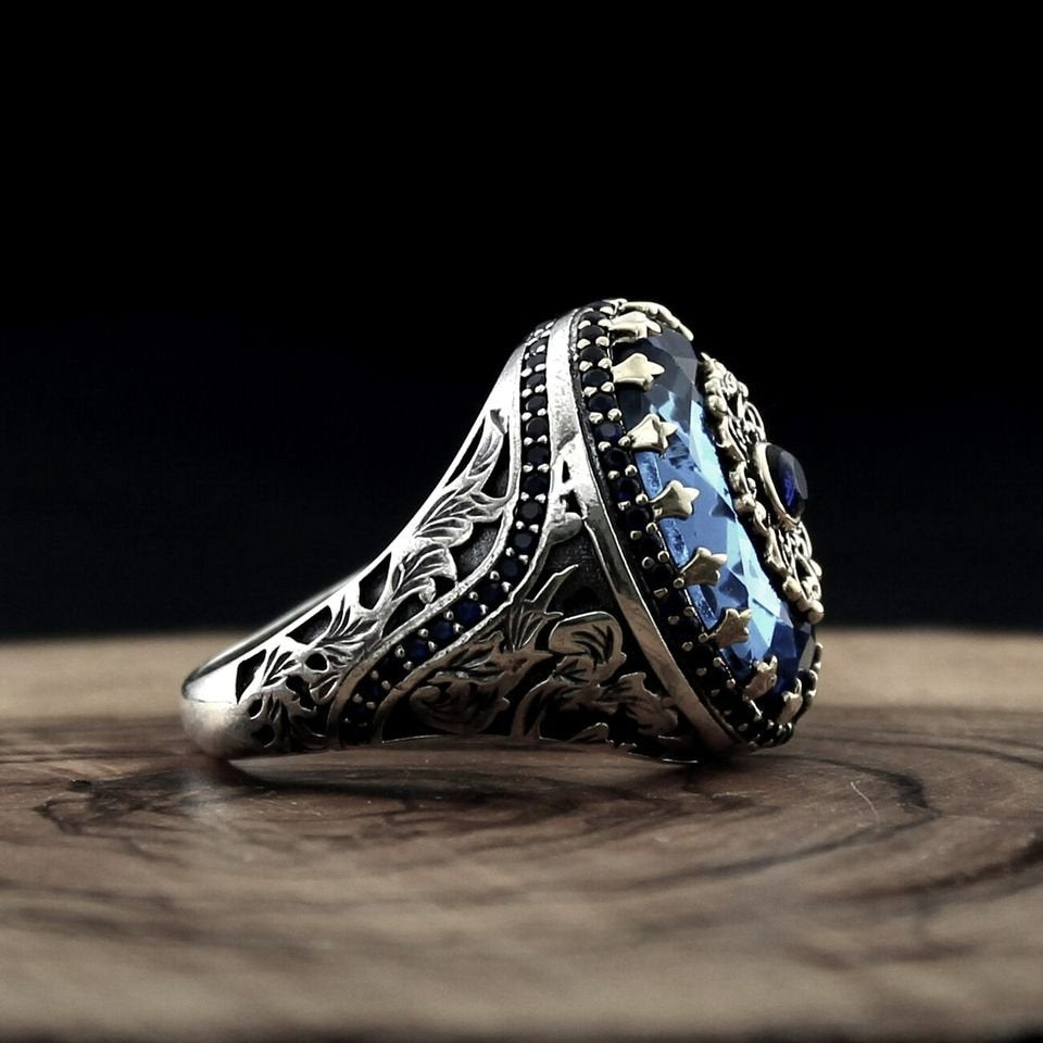 Vintage Blue Ancient Middle East Arabic Style Men's Retro Silver Ring