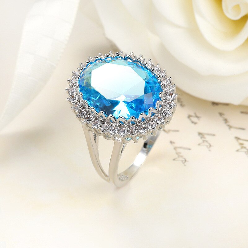 925 Sterling Silver 15mm Oval Sea Blue Topaz Ring