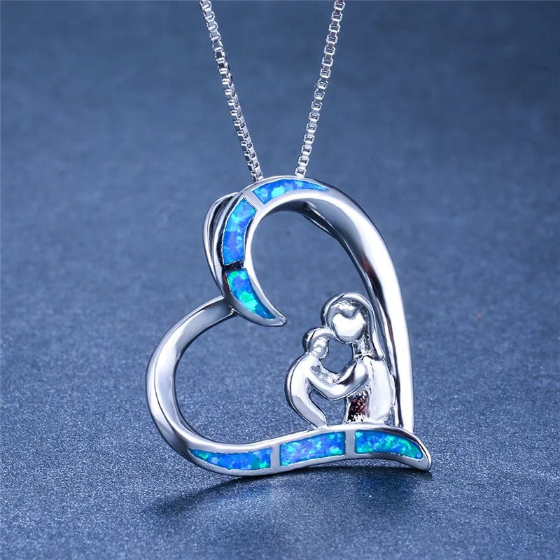 Selfless Mom Love Baby Heart Pendant Blue Opal Necklace