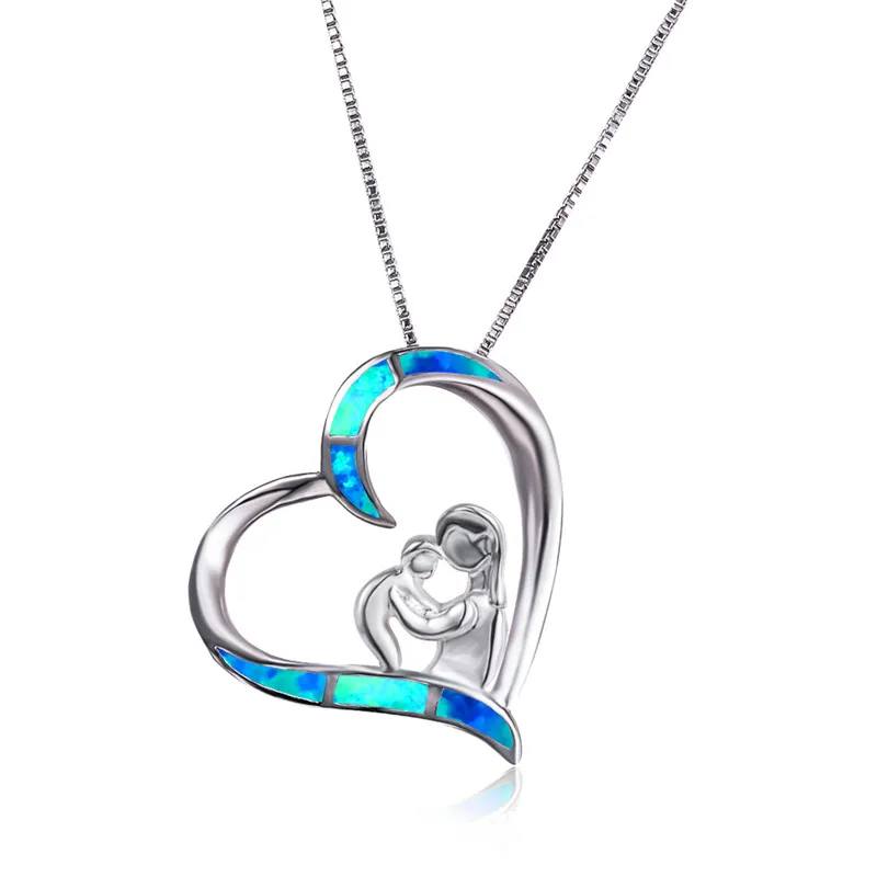 Selfless Mom Love Baby Heart Pendant Blue Opal Necklace