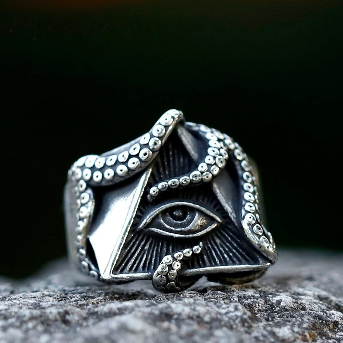 Huge Illuminati Eye Triangle Silver Unique Ring