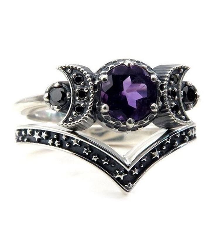 2pcs Vintage Triple Moon Purple Amethyst Silver Gothic Ring