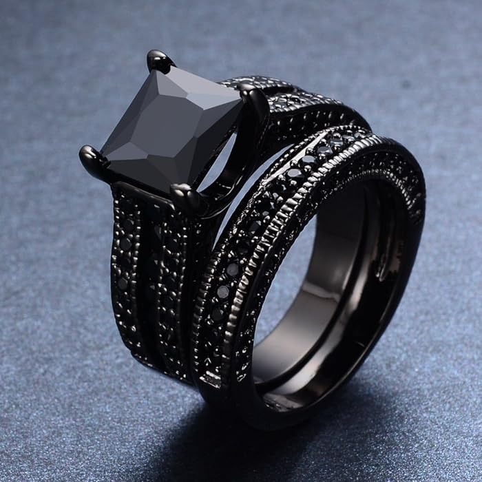 2pcs Princess Cut Black Agate Engagement Ring Set
