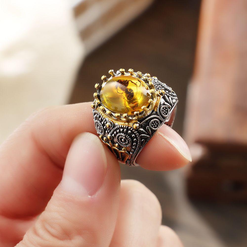 Men's Royal King Crown Amber Ant Fossil Insect Two Tone Ring