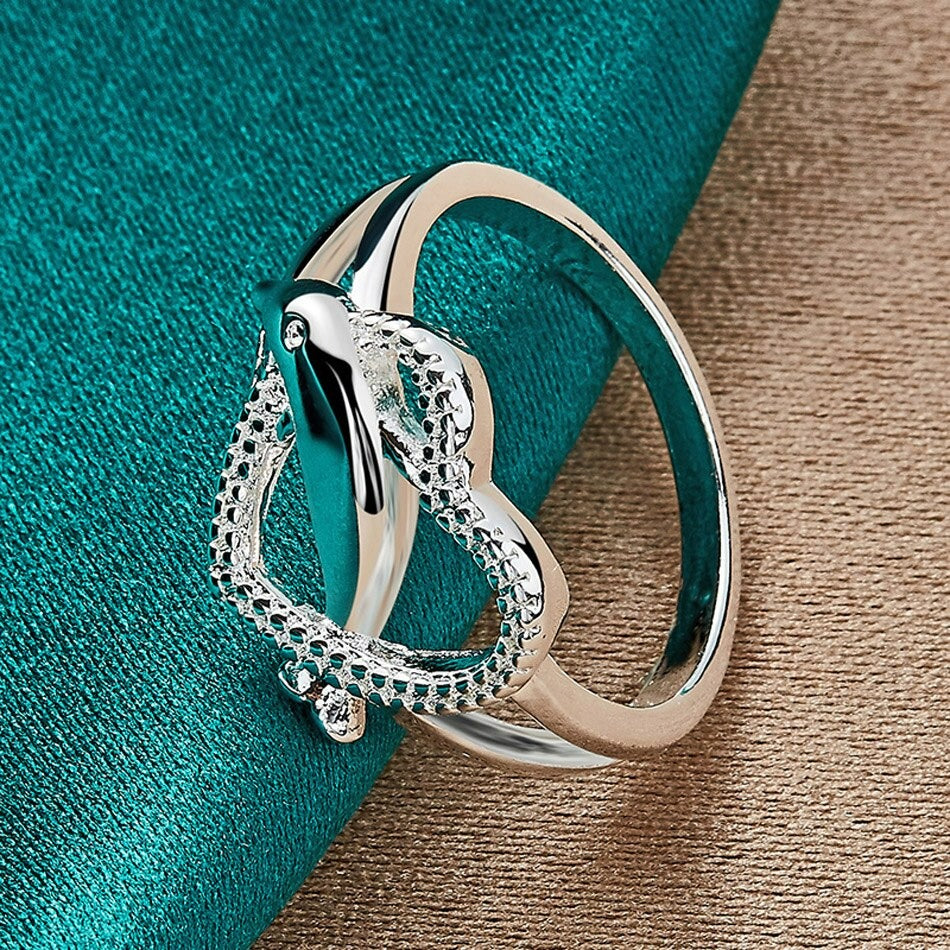925 Sterling Silver Cute Dolphin Hollow Heart Ring