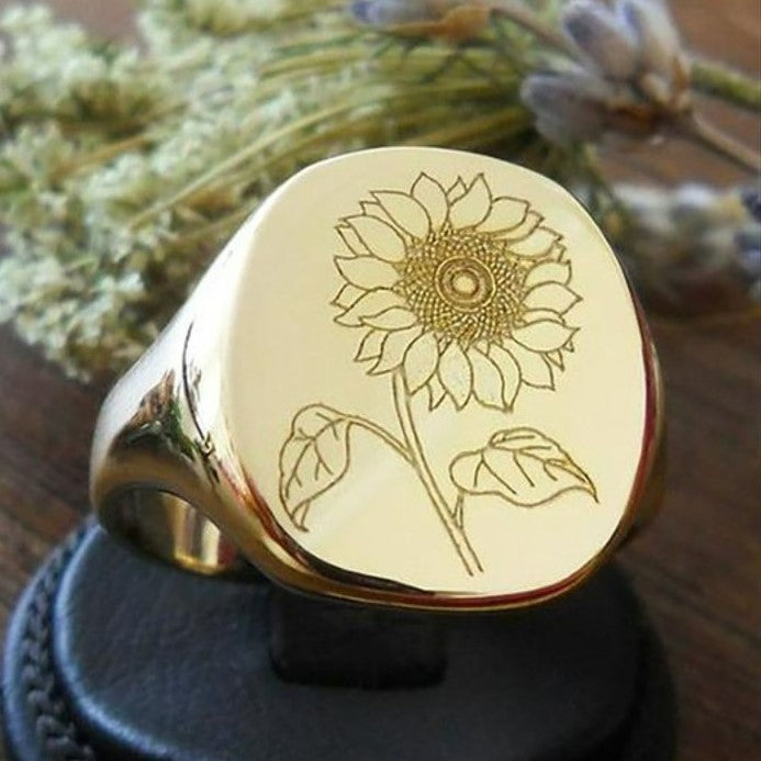 Big Carved Sunflower Engraved Floral Gold Signet Ring