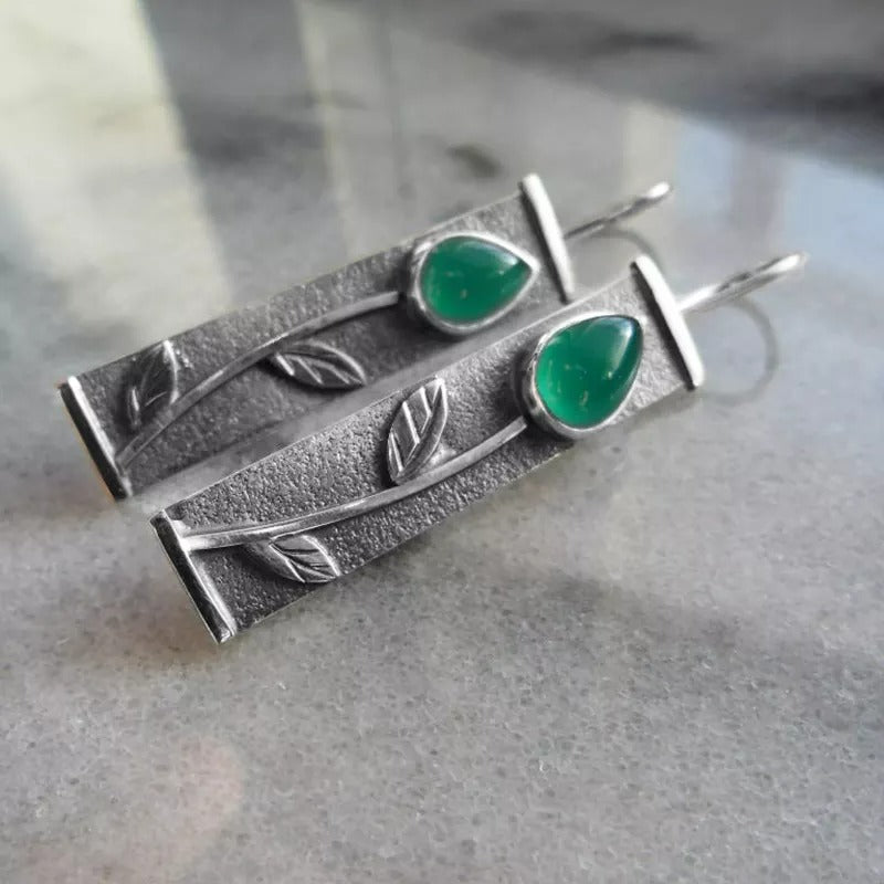 Bohemian Green Water Drop Leaf Silver Hook Earrings