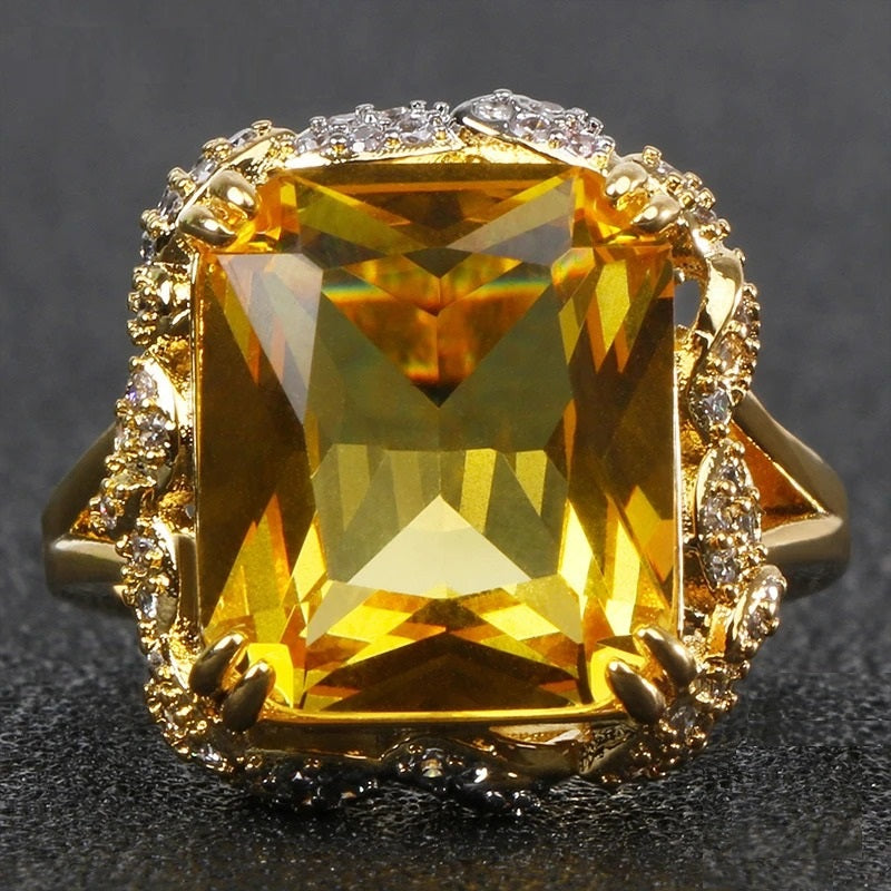 Huge Princess-Cut Yellow Gold Citrine Ring