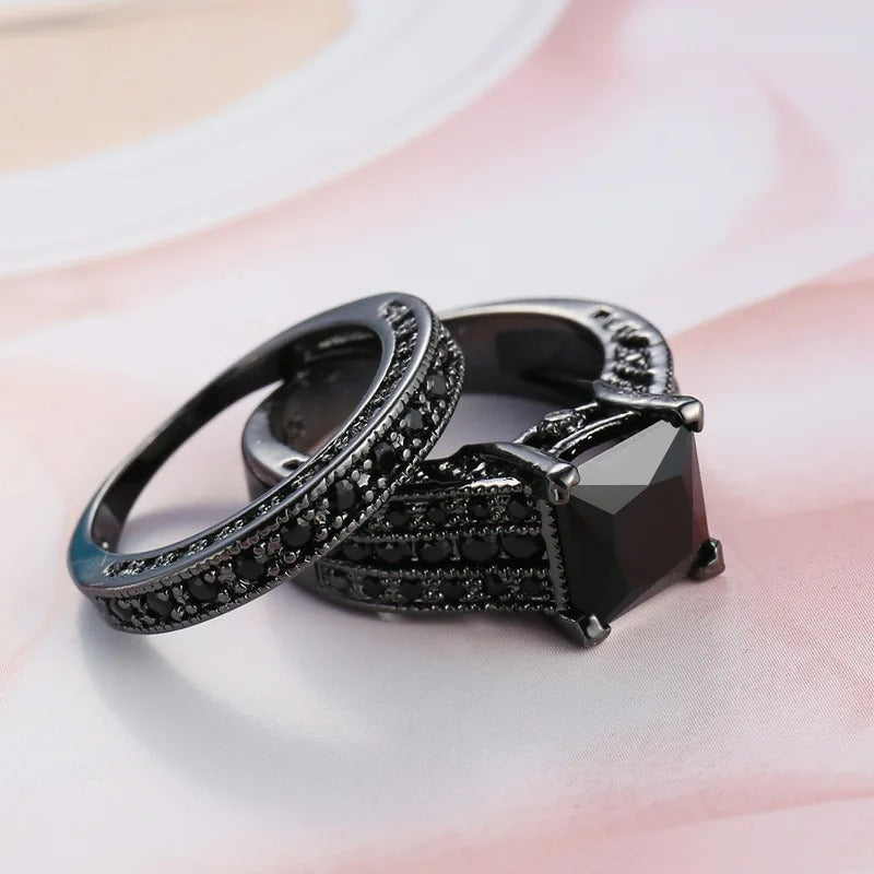 2pcs Princess Cut Black Agate Engagement Ring Set
