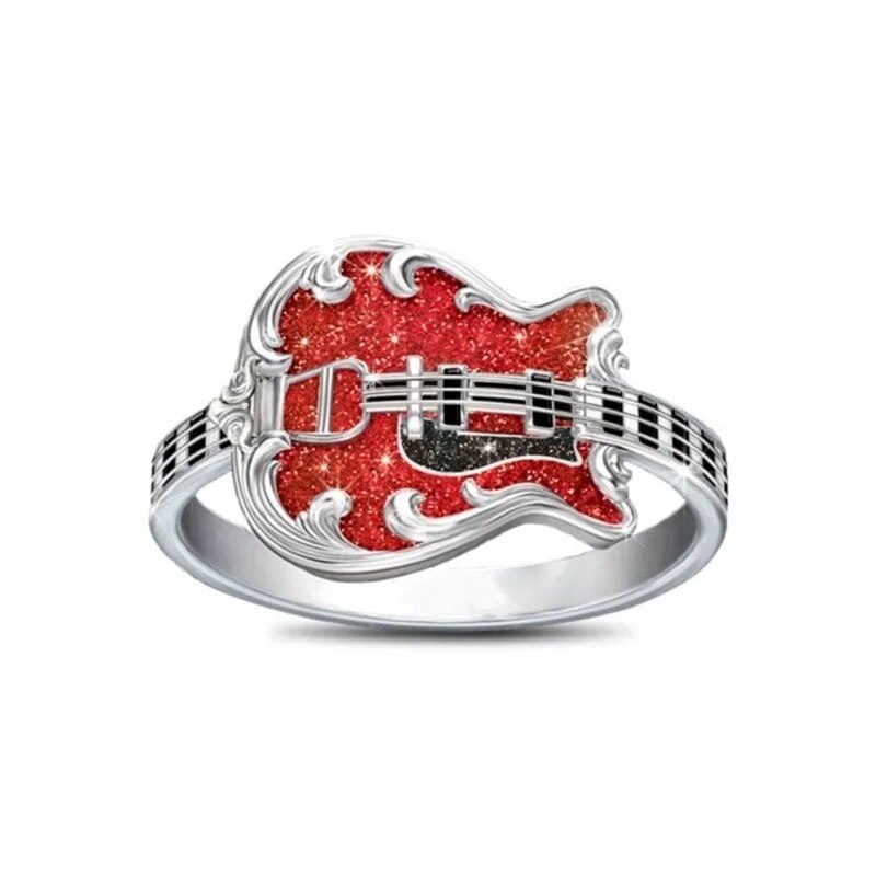 925 Sterling Silver Electric Red Guitar Rock & Roll Ring