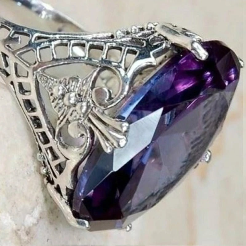 Big Vintage Purple Hollow Silver Art Deco Ring