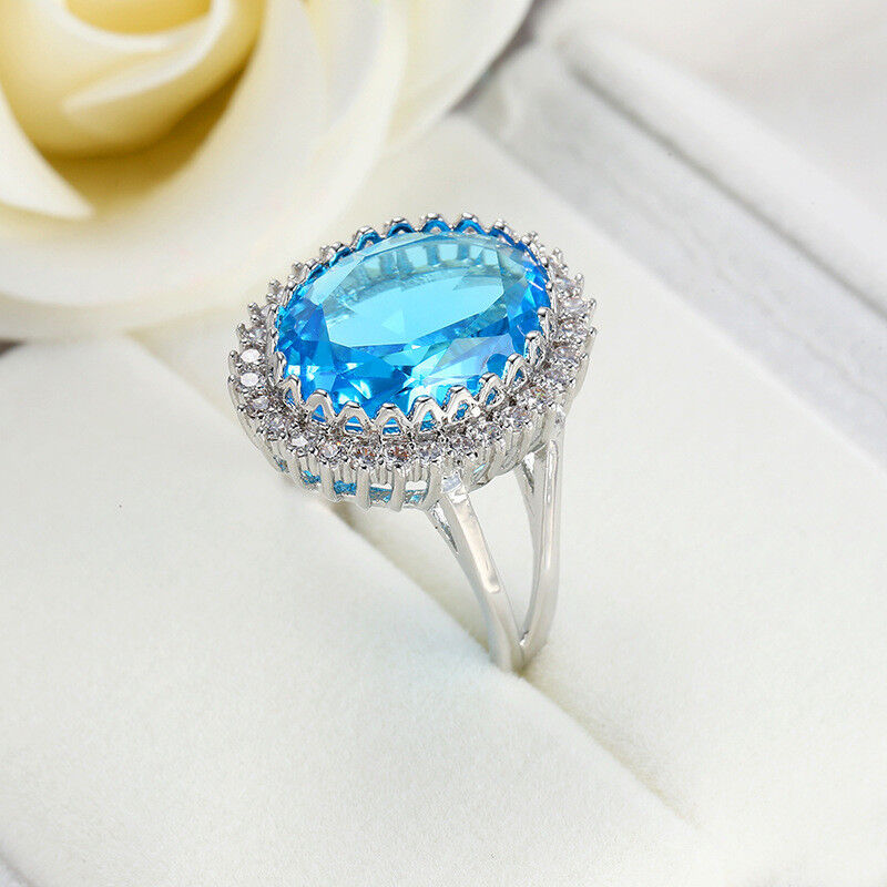 925 Sterling Silver 15mm Oval Sea Blue Topaz Ring