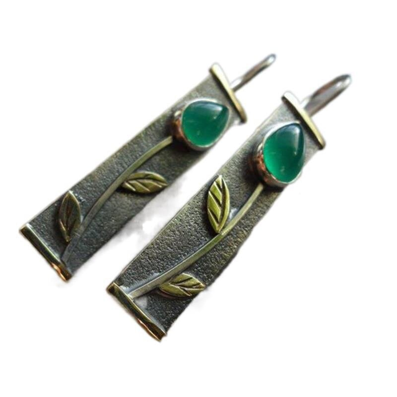 Bohemian Green Water Drop Leaf Silver Hook Earrings