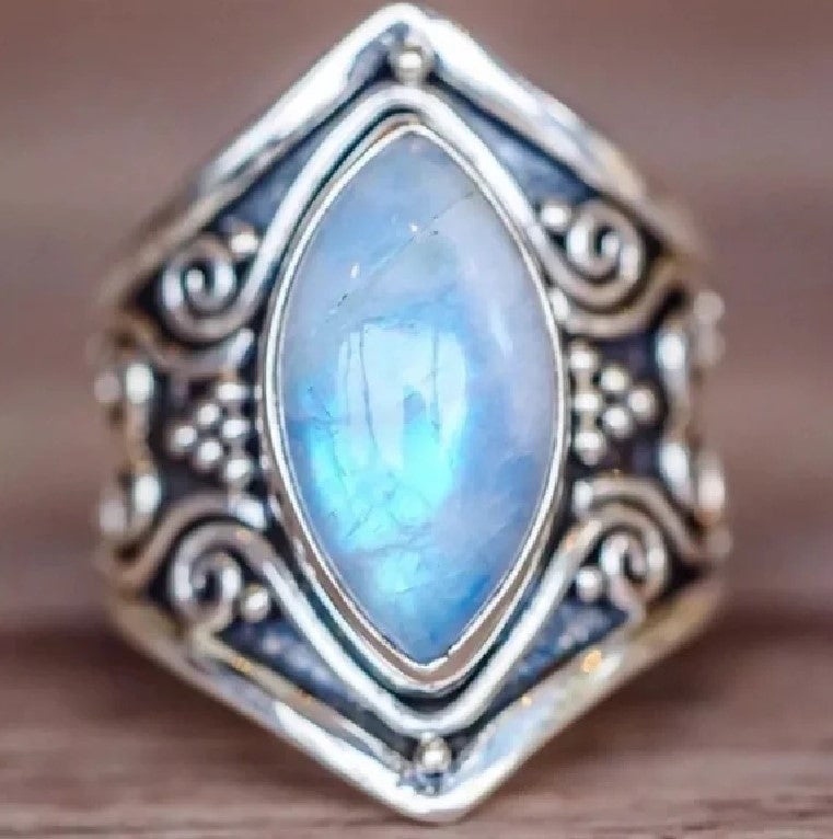 Vintage Boho Marquise Blue Moonstone Antique Silver Ring