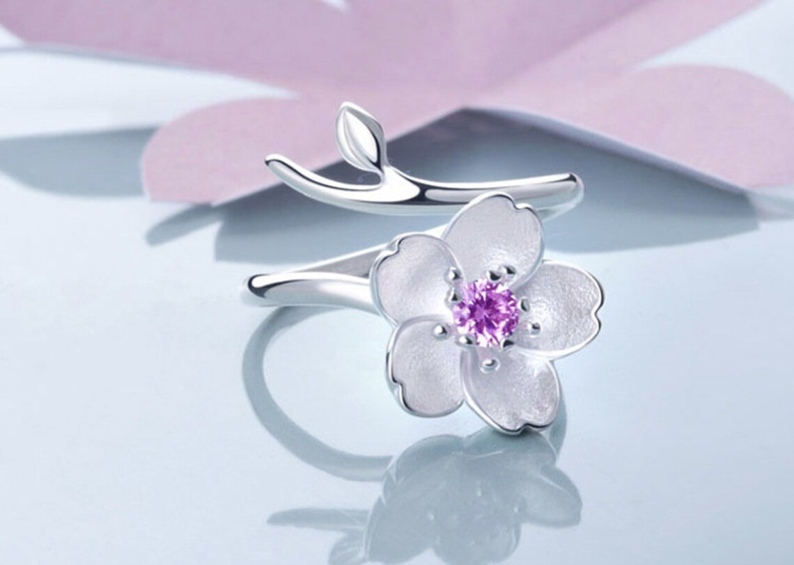 Sterling Silver Pink Flower Open Sakura Ring