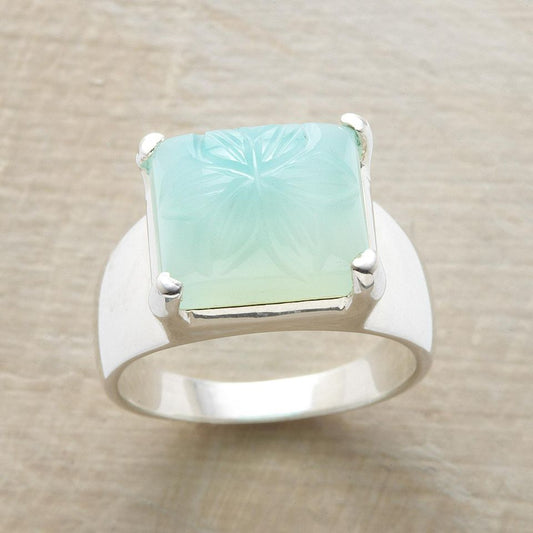 Antique 925 Sterling Silver Chiseled Chalcedony Retro Ring