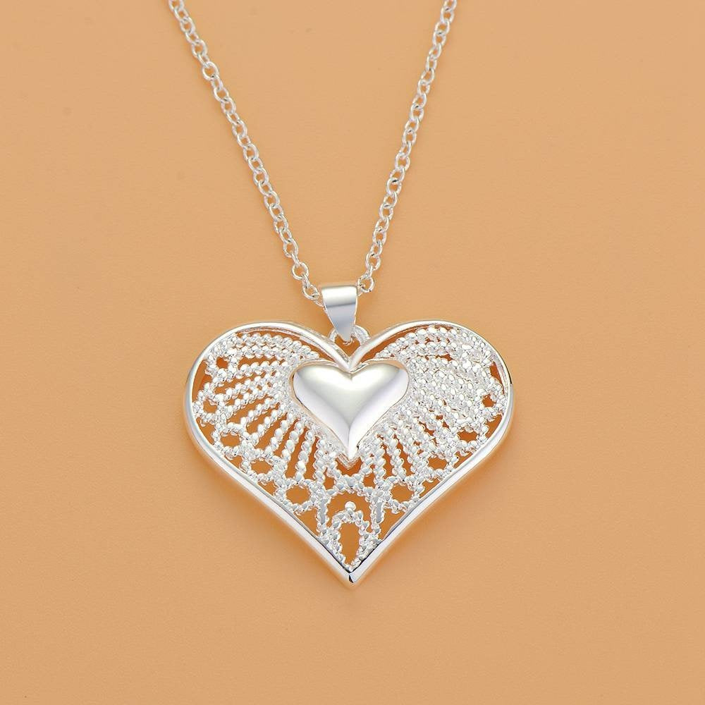925 Sterling Silver Hollow Heart Shaped Retro Necklace